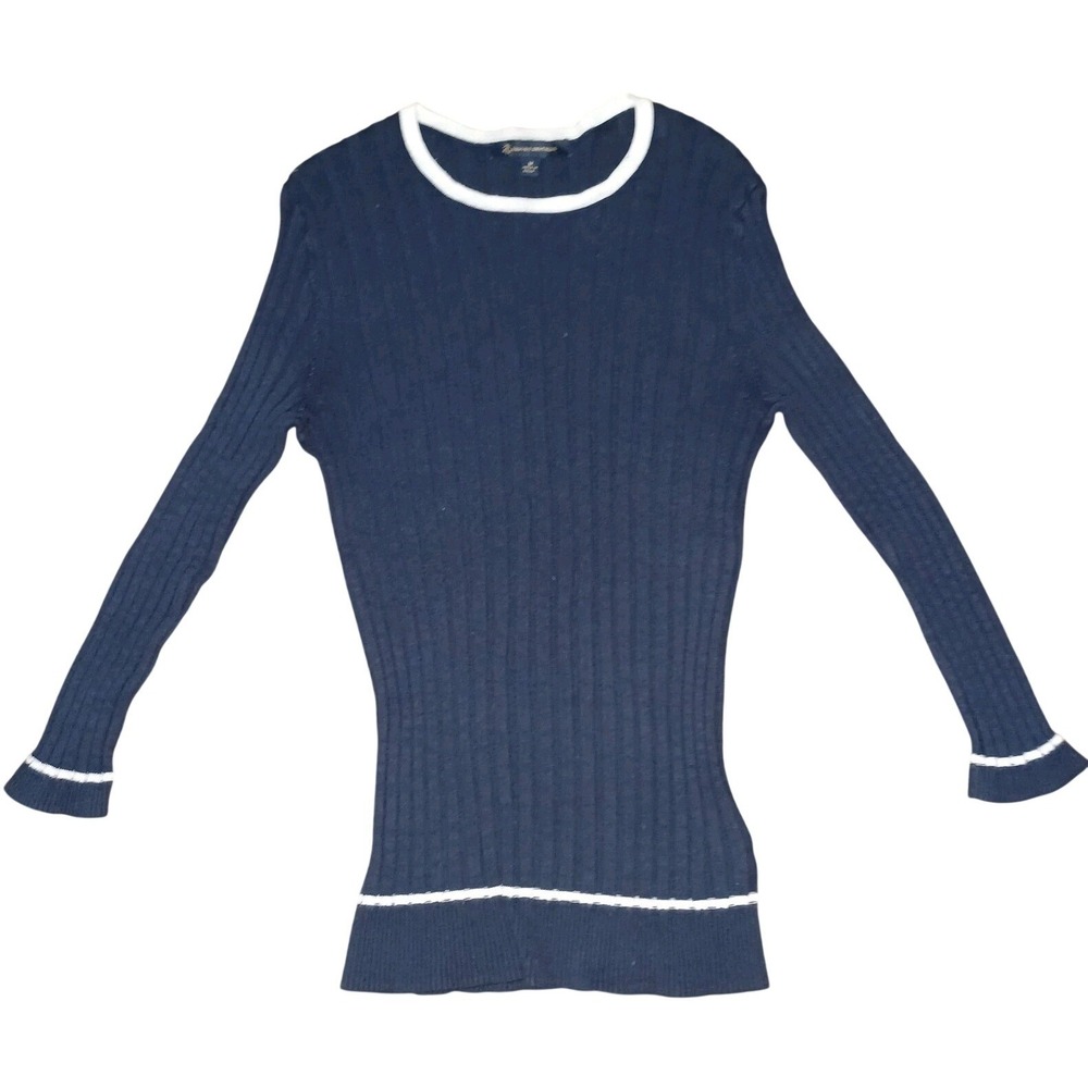 Brooks Brothers Women Sweater Size Med Navy White Round‎ Neck Stretch Nautical
